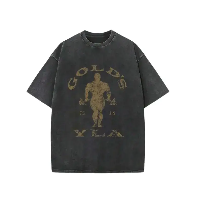 Gym Motivation Design With Golden Lettering & Weightlifting Art Print Washed T Shirt , Round Neck Gym & Outdoor Sports Apparel, All-Season Fitness Shirt, Training Gear, Sporty Design, Durable Construction, Performance Wear, Casual Athletes,