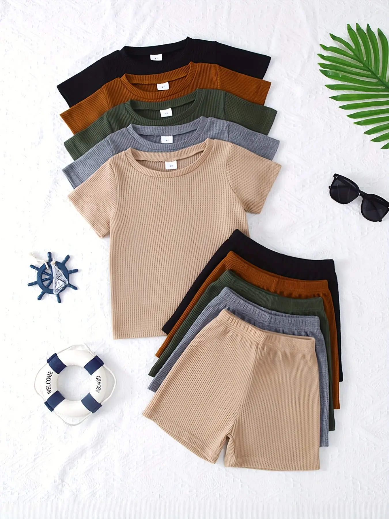 10 Piece Boys' Casual Summer Soft Plain Waffle Knit Short Sleeve Top & Shorts Set for Daily Wear, Outfit Sets, Clothes Sets, Summer Clothing Set