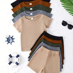 Boys' Casual Waffle Knit Short Sleeve Shorts Set, Soft Comfortable Plain Color, 10 Piece Set, Perfect for Daily Wear