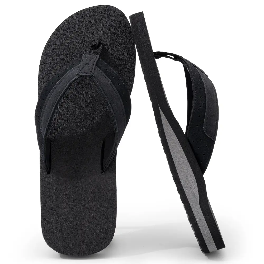 Mens Flip Flops with Arch Support, Comfortable Yoga Mat Leather Walking Thong, Flip Flops Slip On Beach Sandals