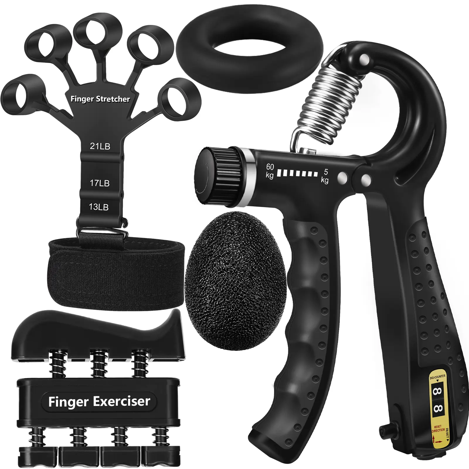 5-Piece Hand Strength Training Kit, Adjustable 10-132 Lbs Hand Grip Trainer, Finger & Forearm Exerciser, Silicone Hand Workout Equipment for Men & Women, Hand Rehabilitation & Strength Building