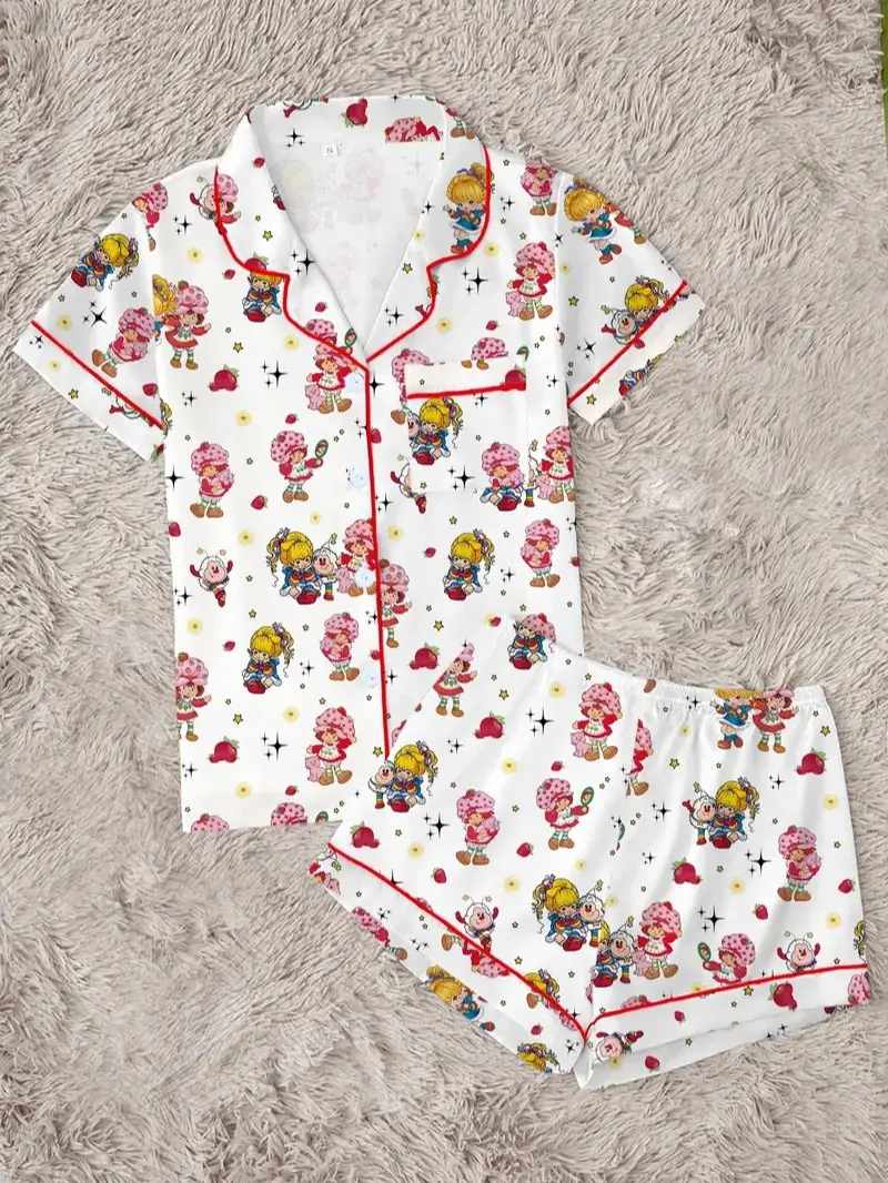 Cartoon Strawberry Girl Rainbow Pajamas Set Shirt Sleepwear Nightwear for Sleep or Wearing Outside