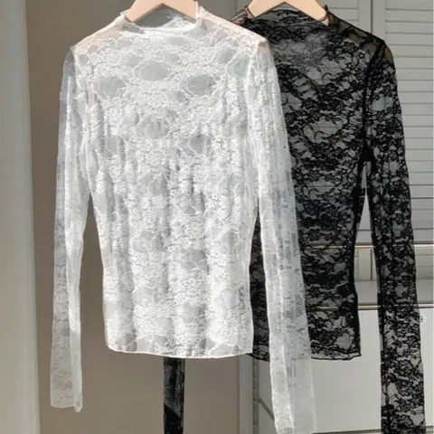 Women's 2-Pack Lace & Mesh Long-Sleeve Fitted Sexy Breathable Blouse Tops, Fashion Fitted Blouse, Shirts, Casual Breathable Elegance, Elegant, Chic, Stylish and Comfortable Fit, Perfect for Casual Wear, Womenswear