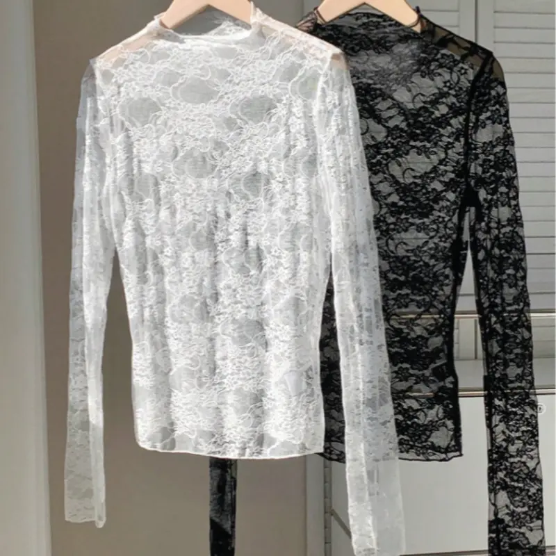 Women's 2-Pack Lace & Mesh Long-Sleeve Fitted Sexy Breathable Blouse Tops, Fashion Fitted Blouse, Shirts, Casual Breathable Elegance, Elegant, Chic, Stylish and Comfortable Fit, Perfect for Casual Wear, Womenswear