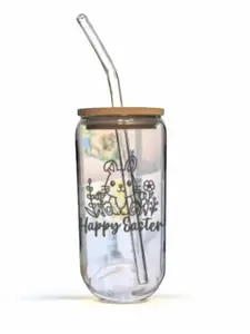 Happy Easter Glass Cup with Lid and Straw. Sturdy. Beverage. Drinkware. Colorful.