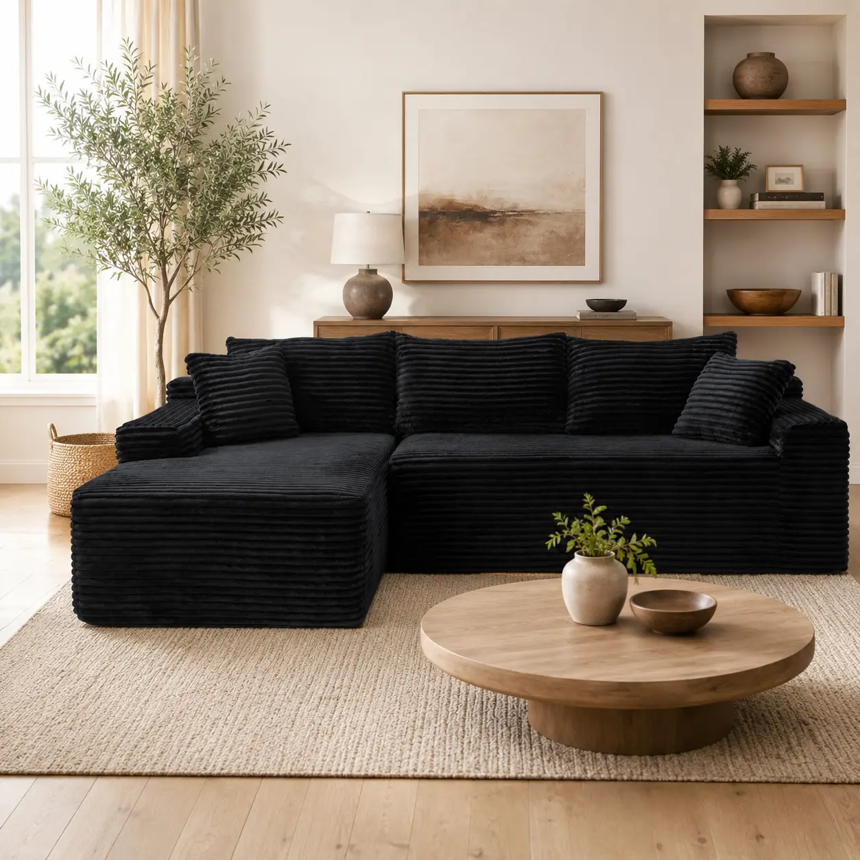 96.1" Black Cloud Modular Sofa, L-Shaped Jumbo Corduroy Sectional Couch with Left or Right Reversible Chaise, Deep Lounge Cushions, Wide Pillow Arms, Matching Pillows, No Assembly Compressed Sofa for Living Room, Apartment and Bedroom