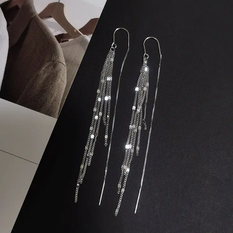 Women's 925 Silver Long Drop Earrings with Anti-Loss U-Shaped Hooks, Sparkling Sequins and Tassels, Elegant Costume Jewelry for Costume Wear party gift