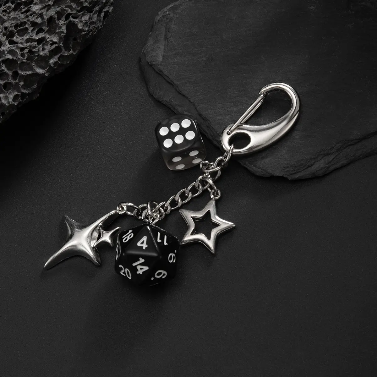 Dice Keychain, D20 Polyhedral Dice & Star Metal Bag Charm for DND Fans