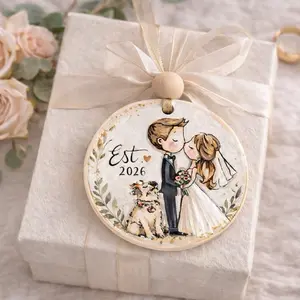 Personalized Wedding Ornament Gift Tag - Couple and Dog Design - Perfect for Wedding Gifts and Decor