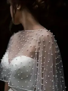 1pcs Wedding Accessories Bolero Bridal Cloak Pearls Wedding Cape Short Front Long Back Women Wrap Cape Evening Wrap Shawl