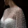 Women's White Tulle Bridal Cape with Pearl Embellishments, High-Low Hem, Sheer Wedding Cape Wrap Shawl for Brides
