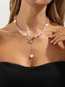 Boho Heart Ot Clasp Geometric Irregular Turquoise Beaded Necklace, Love Heart Necklace, Fashionable Metal Jewelry for Women, Perfect Gift for Daily Wear and Parties