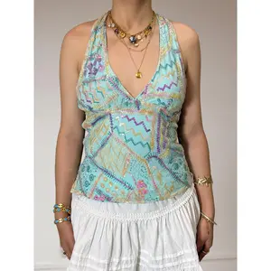 y2k Sequins Halter Tops Women V Neck Sleeveless Backless T Shirts Tank Vest Club Streetwear