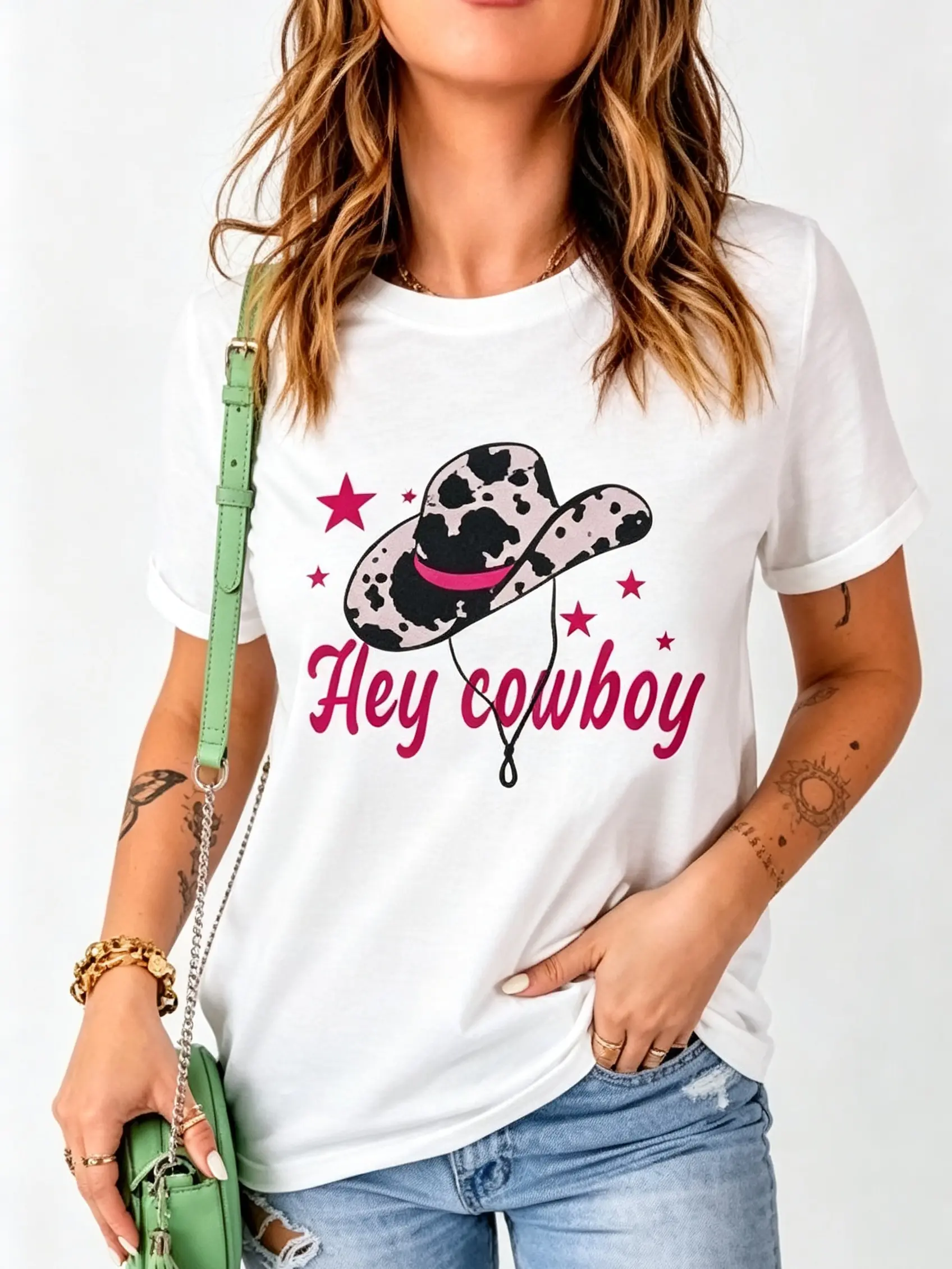 Cow Print Cowboy Hat Hey Cowboy Western Graphic T-Shirt, Womens Country Retro Casual Daily Tee, 100% Cotton Printed Craft SummerVibes Top, Relaxed Soft Breathable womens summer clothing