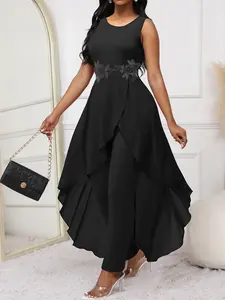 Women's 2 in 1 Contrast Lace Asymmetrical Hem Tank Jumpsuit, Elegant Chic Backless Zipper Back Wrap Sleeveless A Line Jumpsuit for Party Club Dating Wear, Ladies Clothes for All Seasons Fit Style Womenswear Basic