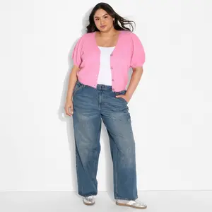 Women's Puff Short Sleeve V-Neck Cardigan - Wild Fable Rose Pink XXL