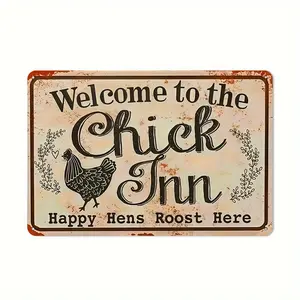 Vintage Farmhouse Metal Sign Welcome to the Chick Rustic Chicken Rooster Silhouette Wall Decor for Country Kitchen Barn or Coop Sturdy Distressed Finish in Beige Brown Black White Easy Hang 8x12 Inches Handcrafted Home Decor