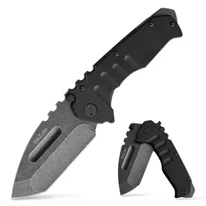 A black stonewashed folding knife with grooved teeth on the back, ergonomically designed for comfortable grip, sharp cutting edge, suitable for outdoor activities like camping and hiking, a perfect cool gift.