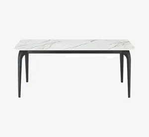 Rectangular Sintered Stone Dining Table with Calacatta White Marble Top and Black Legs