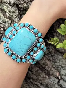 Boho Vintage Turquoise Bracelet, Tibetan Silver Antique Open Ring, Hypoallergenic Non-Fading, Ethnic Style Jewelry, Bohemian Bracelet, Essential for Daily/travel/party