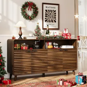 ONBRILL 61" Buffet Sideboard Cabinet with Storage, Curved Buffet Sideboard with 4 Doors & Open Storage Shelf, Coffee Bar Cabinet with Adjustable Shelves, Kitchen Furniture, Living Room Furniture, Dining Room Furniture