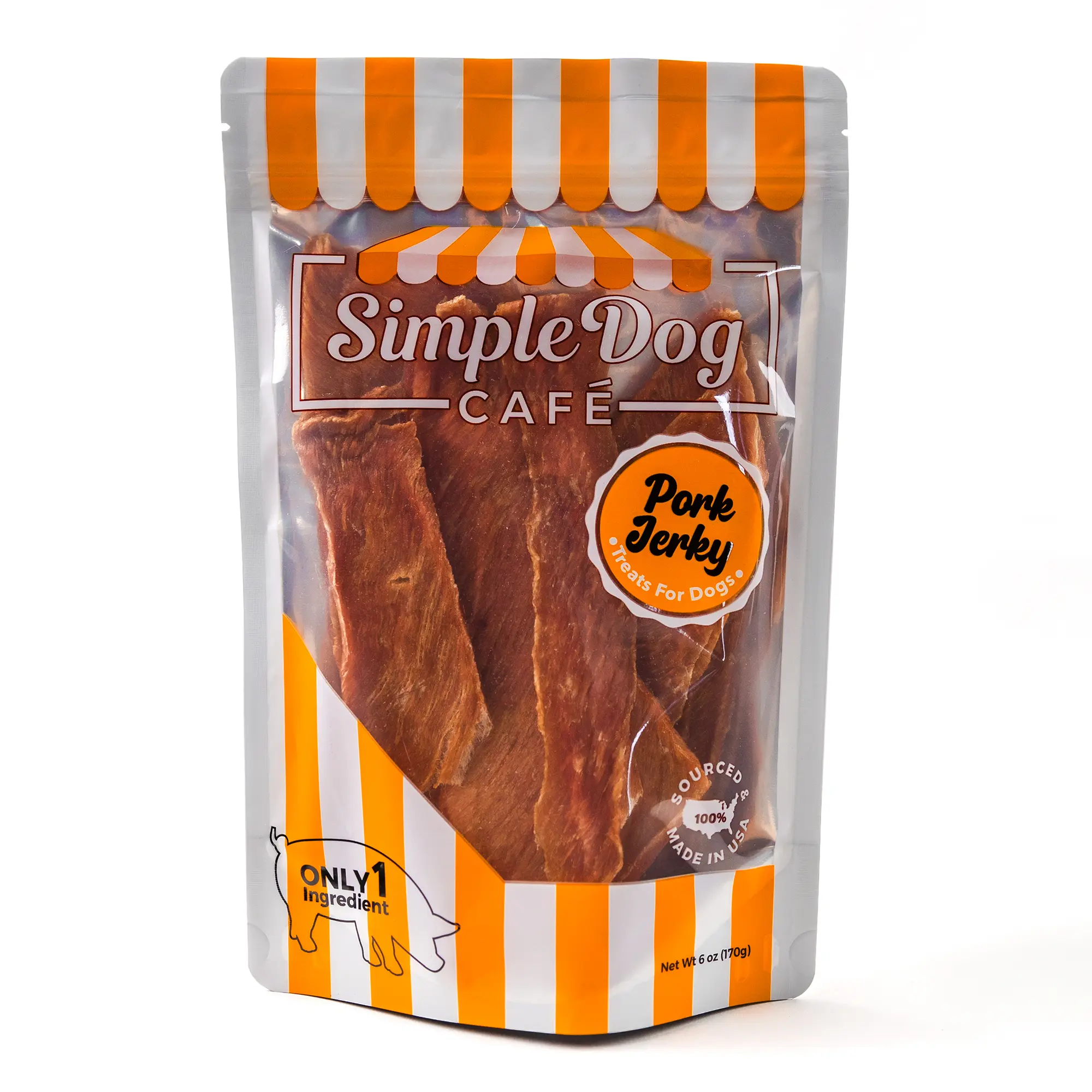 Premium Pork Jerky for dogs by Simple Dog Café - Single Ingredient Treats, 100% USA Sourced & Made, Rich in Lean Protein, Hypoallergenic, Human-Grade, Hand-Made, Small Batch, Good for Training, Food for Dogs, 6oz All Natural Dehydrated Jerky Treats