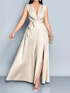 Elegant Chic Sleeveless Deep V Neck Fitted Dress, High Waist Drawstring Bowknot Umbrella Hem Slit, Perfect for Formal Evening Parties and Casual