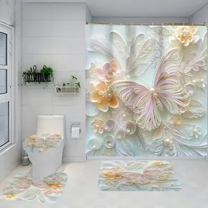 1/4 piece butterfly jade design bathroom set, Shower curtain sets, including soft floor mat, toilet seat cushion, shower curtain, Boho Shower Curtains For Bathroom, creating home decoration. The floor mat has rebound, water absorption, anti slip