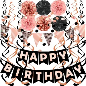 Rose Gold Black Theme Happy Birthday Banner Flag Bunting Paper Circle Confetti Garland Swirl Streamers Honeycomb Ball for Birthday Party Decoration