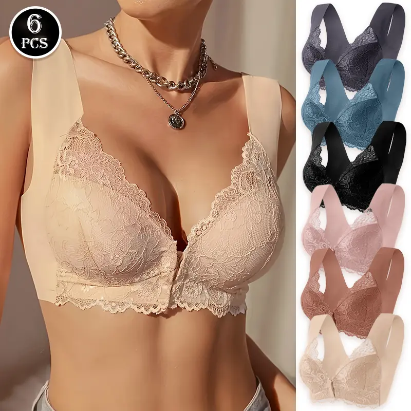 6 PCS Shockproof Front Buckle Wireless Deep V Bra Anti-sagging Breathable Seamless Push Up Brassiere For Women Close-fitting Gathered Plus Size Womenswear in Grey & Light Pink