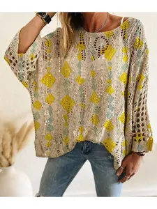 Spring/Summer style, boat neck with diamond cutout, batwing drop shoulder loose fit, long-sleeve women's knitted top with contrast color argyle print, vacation style, casual and elegant for commuting, women's vest cover-up, bikini cover-up.