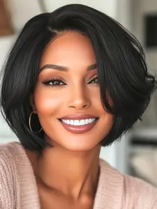 Short Straight Bob Wigs for Women Side Part Synthetic Fiber Wig with Bangs Black Color Bob Cut Wigs for Women Yaki Straight Wig Short Bob Wig for Mother'S Day Daily Life Party Or Cosplay Use Heat Resistant Fiber