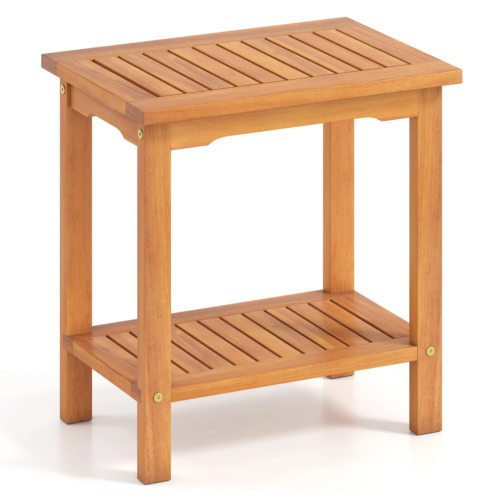 COSTWAY - 2-Tier Outdoor Acacia Wood Side Table with Slatted Tabletop and Storage Shelf