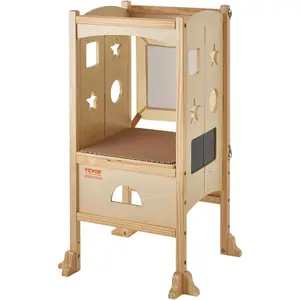 TikTokShopBlackFridayVEVOR Folding Step Stool for Toddlers, Adjustable 3-Height Kids Kitchen Stool, Natural Solid Wood Standing Tower Learning Stool with Safety Guard for Bedroom Bathroom, 125LBS Loading