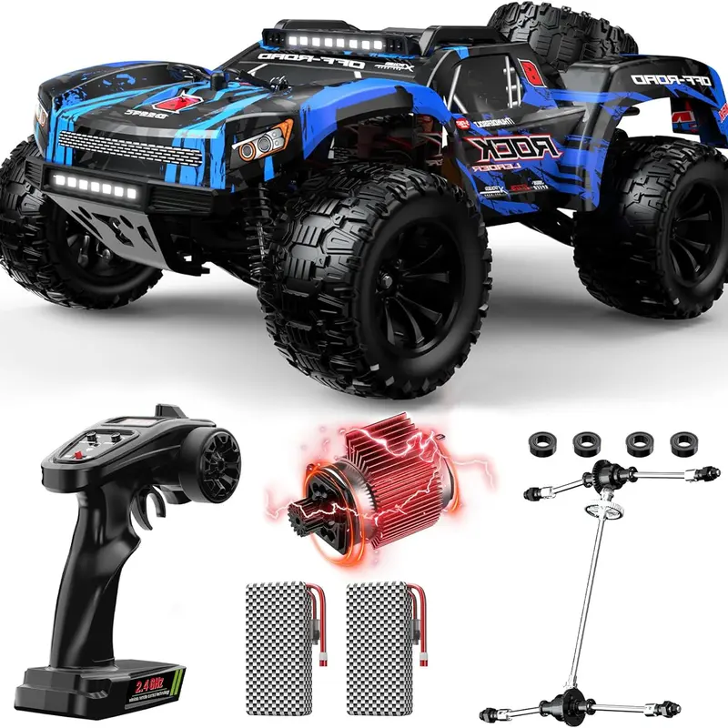 DEERC 9006E 1:12 4WD Off-Road RC Stunt Monster Truck - 28MPH 2.4GHz Waterproof Short Course Car, 2 Li-Ion Batteries, Spare Tire, LED Lights, Shock Absorbers, 100m Range, All-Terrain Tires, 1.5kg Hobby Grade Lifestyle Car Theme Miniature for Ages 12+,famil