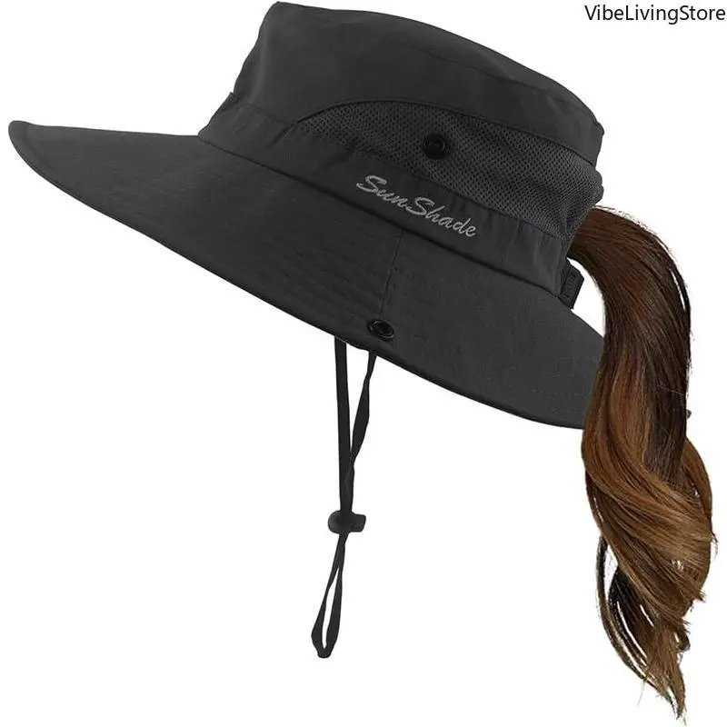 Unisex Wide Brim Ponytail Sun Bucket Hat for Women - High Quality Lightweight UPF UV Protection Foldable Windproof Multifunctional Headwear, Stylish Outdoor Accessory for Beach Hiking, High Quality Hat, Lightweight Sun Hat