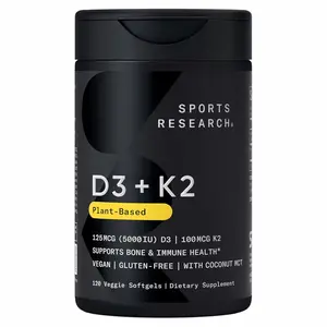 Sports Research Vitamin D3 with K2 Softgels - Plant Based K2 & Vegan D3 5000iu with Coconut MCT Oil - Vegan Certified, Soy & Gluten Free - 120 Count
