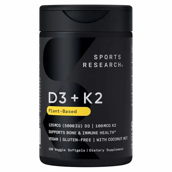 Sports Research Vitamin D3 with K2 Softgels - Plant Based K2 & Vegan D3 5000iu with Coconut MCT Oil - Vegan Certified, Soy & Gluten Free - 120 Count