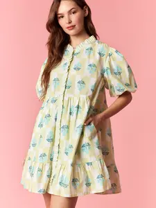 Semi Button Up Stripe Placket With Ruffle and Checker Plaid With Flower Printed Bubble Sleeve Tier Mini Dress