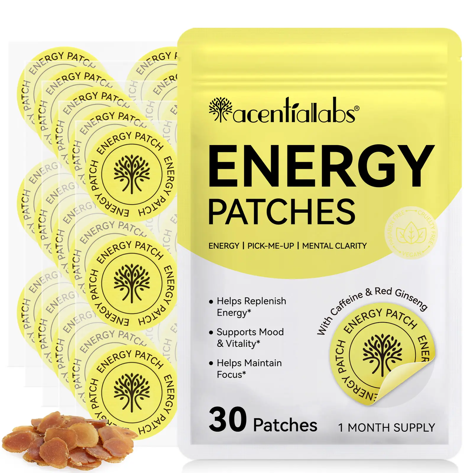 Acentiallabs Energy Patches 30P, Natural With Caffeine To Refresh Your Mind, Boost Alertness, Red Ginseng For Long-Lasting Energy and Vitality, Vitamin B12 For Comprehensive Energy Support, Nutrient Delivery Through Skin Absorption.