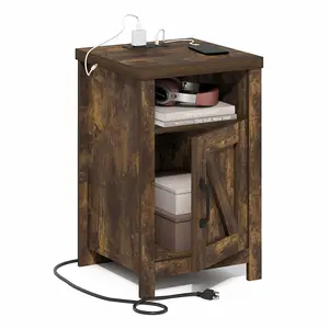 FARMHOUSE Night stand with Charging Station, Bedside Table, Side Table, End Table with Door, USB Ports and Outlets, for Bedroom, Living Room, Amber Pine
