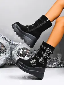 Gothic Platform Ankle Boots for Women, Bat Buckle, Combat Boots, Zipper, Round Toe, Thick Heel, Punk High Heels, Motorcycle Boots