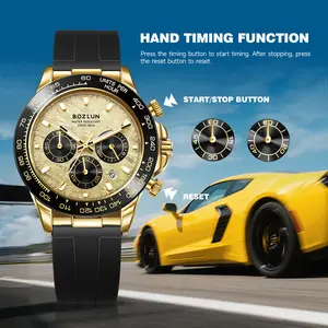 45mm Chronograph Watch for Men – Gold dial, Luminous Hands, Black Rubber Strap – Water-Resistant Luxury Sport Watch