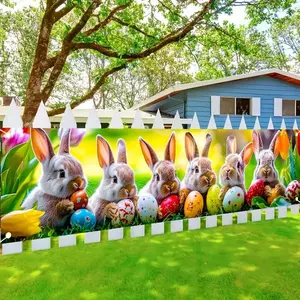 Easter Bunny Banner Design, & Rabbits with Tulips and Eggs, Ideal for Fence/porch/entrance Decoration, Spring Party Decorations, Party Decorations Banners