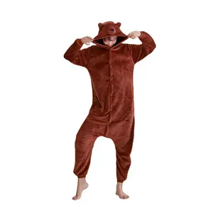 Slowpoke bear animal cartoon one-piece pajamas for men and women, long-sleeved couple's winter home wear, thickened and warm