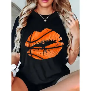 Women’s Black Distressed Basketball Lips Graphic T-Shirt – Ideal for Basketball Game Days, Casual Outings, Sports Enthusiasts & Fans 100% Cotton T-shirt