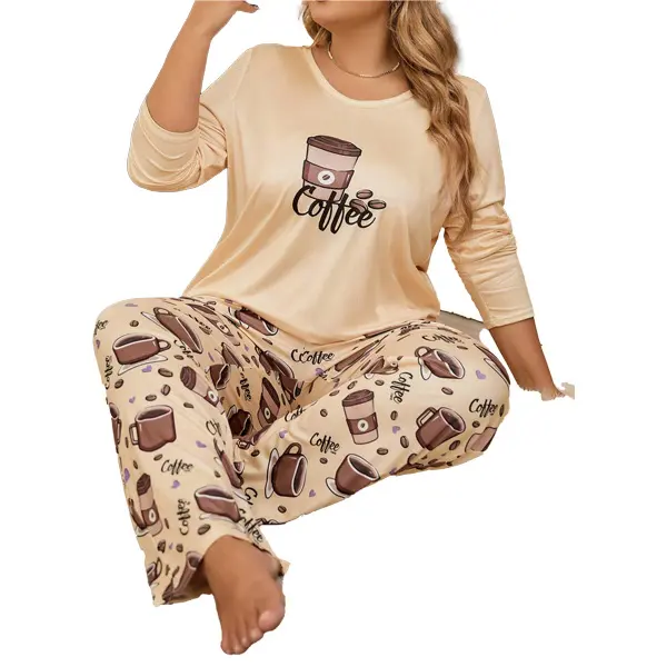 Women's Autumn And Winter New Plus Size Pajamas Casual Loose Cartoon Coffee Print Can Wear Out Long Sleeve Homewear Set