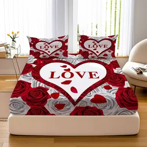 3 pieces of red roses with the word "LOVE" printed on them. This bedding set includes 1 sheet and 2 pillowcases (without filling material). It is suitable for a double bed and available in multiple sizes. It is very suitable for couples / newlyweds.