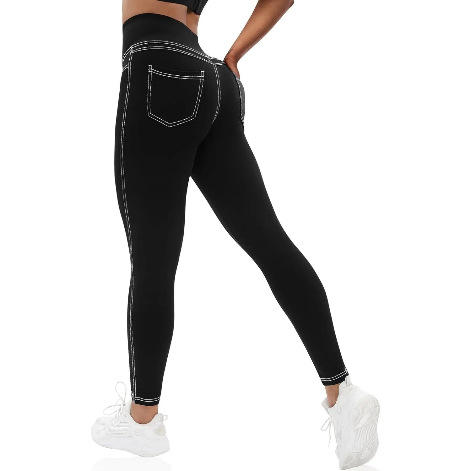 Women's Plus Size High Waisted Curvy Yoga Joggers - 22% Spandex 78% Polyester Synthetics, High Stretch, Buttery Soft, Tummy Control, Non-See-Through, Jean-Look Back Pockets, Sporty Chic for Yoga & Gym, Hand Wash Only