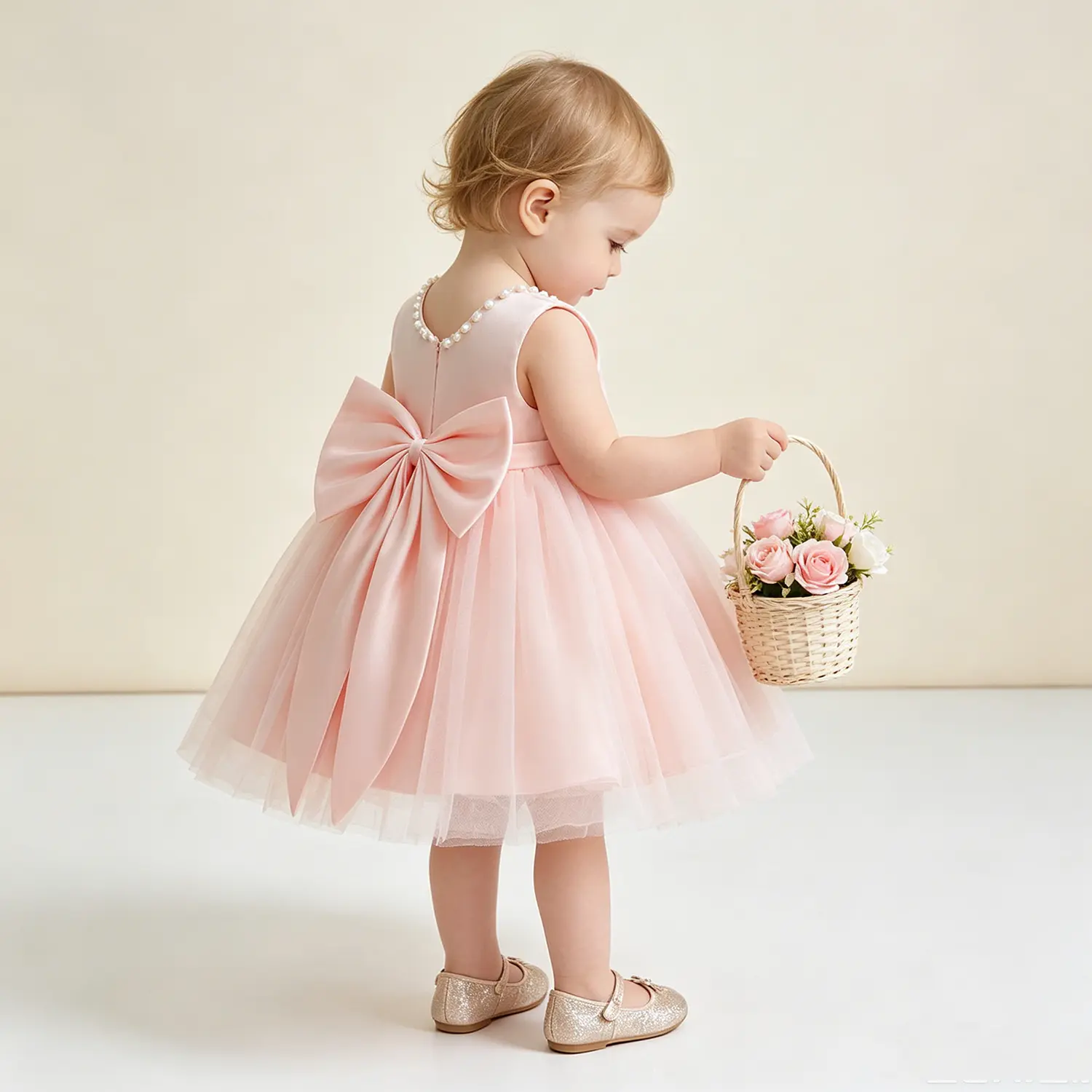 Cute Baby Girl Elegant Princess Beads Dress Mesh Toddler Birthday Party Ball Gown Formal Pageant Wedding Dress With Bow Beads Flowy Mesh Skirt Comfort-First Design